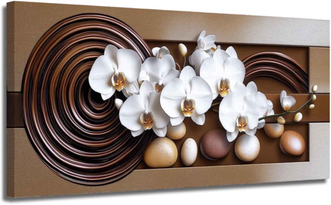 XLMDYYSW Large Orchid Canvas Wall Art White Orchid Flowers Pictures Abstract Floral Print Poster Vintage Botany Painting for Living Room Bathroom Decor Framed (Brown, 16L x 32W)