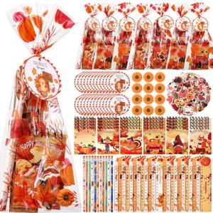 194 Pcs Thanksgiving Party Favor Friendsgiving Fall Autumn Stationery Pumpkin Maple Turkey Notebook Pencil Ruler for Happy Thanksgiving Goodie Bag Filler Exchange Students Classrooms Gift
