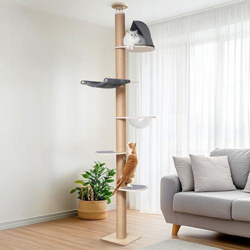 FUKUMARU Floor to Ceiling Cat Tree, Adjustable Height (5.7-9.8 ft) Climbing Tower with Thickened Scratching Posts, Cats Activity Center with Transparent Capsule and Cozy Hammock