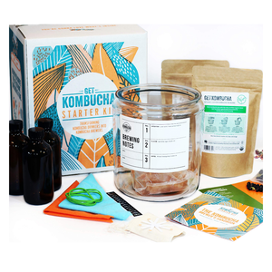 Kombucha Starter Kit .Deluxe Brewing Bundle, Create Vegan Organic Tea, Non-GMO and Gluten Free Brew with Advanced Probiotics, Glass Gallon Jar, Funnel, and Botanicals