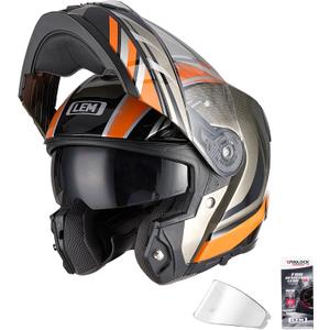 LEM Modular Motorcycle Helmets Fiberglass, Full Face Motorcycle Helmet Flip Up for Touring, DOT Certified, Release Sun Visor & Removable Comfort Liner, Lightweight Street Bike Helmet (Orange, L)