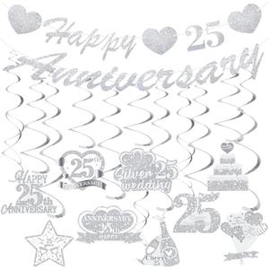 25th Wedding Anniversary Decorations Silver Happy 25th Anniversary Banner and Hanging Swirls for Silver Wedding Party Decorations