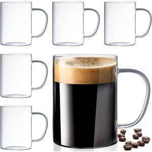 Le'raze Set of 6 Ultra Durable Sleek Glass Irish Coffee Mugs with Handle, Clear Borosilicate Glass Teacups, Mugs for Cappuccino, Latte, Tea Cups, Espresso, Hot Beverage, Dishwasher & Microwave Safe