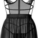 Women's Sexy Lace Lingerie Dress Cupless Strappy Chemise Babydoll Nightwear (Black, L)