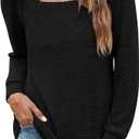 Womens Square Collar Long Sleeve Tshirts Pleated Lightweight Casual Loose Solid Comfy Pullover Top, M, Black