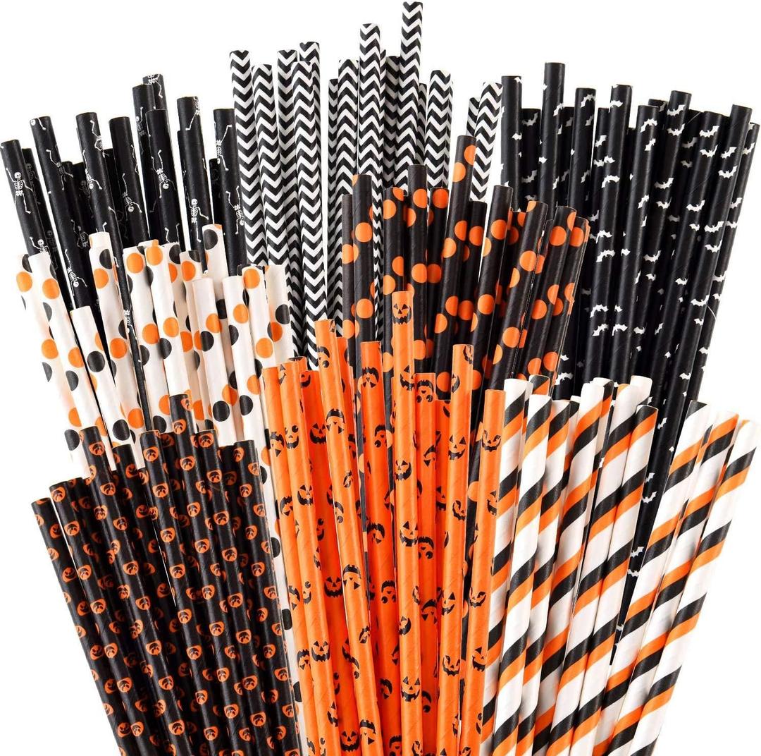 Halloween Paper Straws, Biodegradable Pumpkin Skull Striped Wavy Dot Paper Straws,Paper Drinking Straws for Party, Events and Crafts,Baby Shower Decorations 7.75 Inches,100 Packs - Mix Style