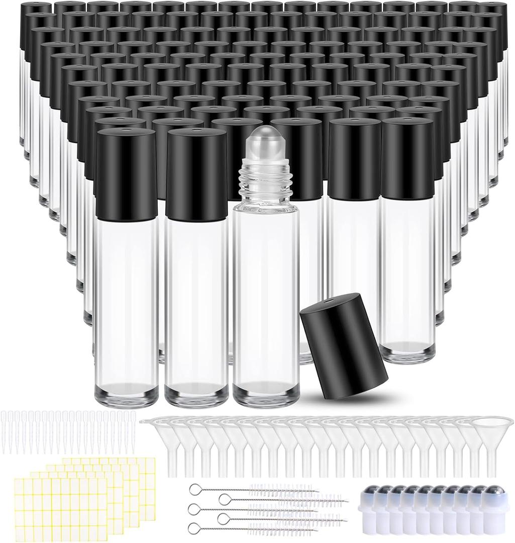 150 Pcs Essential Oil Roller Bottles 10 ml Leakproof Empty Glass Roll on Bottles with Stainless Steel Roller Balls with 20 Funnels 20 Droppers for Travel Perfume Essential Oil (Clear)
