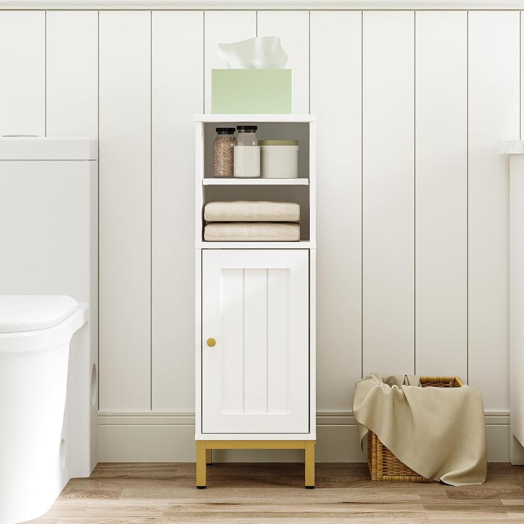 Bathroom Storage Cabinet, Corner Floor Cabinet with Shelves, Customized Door Opening Direction, Bathroom Organizer with Adjustable Shelf for Kitchen, Living, Toilet Paper Cabinet, White (10.4"D x 10.4"W x 31.5"H)