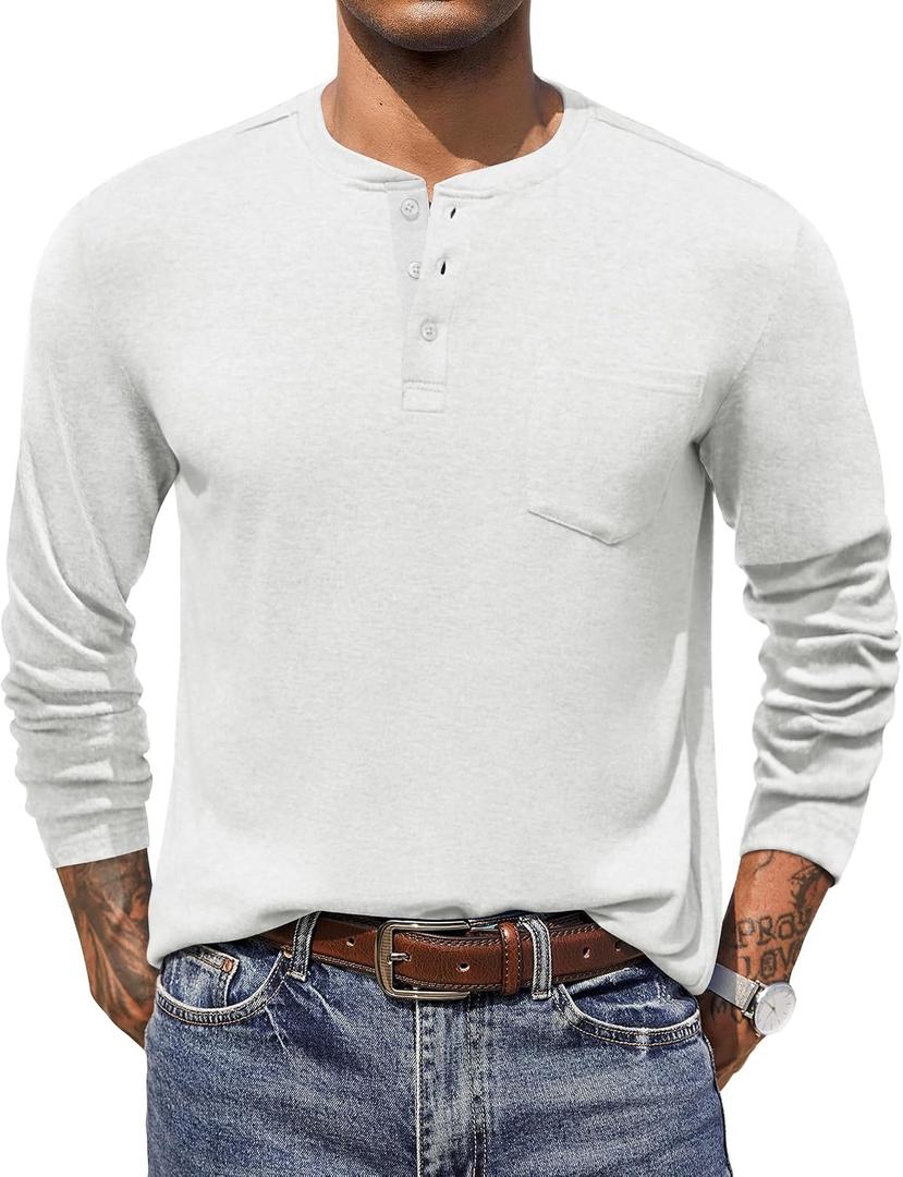 COOFANDY Men Long Sleeve Henley Shirs Casual Basic T Shirts Soild Button Tees with Pockets XXL
