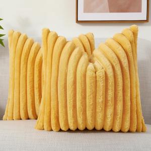 decorUhome Faux Fur Throw Pillow Covers 18x18 Set of 2, Decorative Soft Plush Striped Neutral Couch Pillow Covers with Velvet Back for Sofa, Bed, Living Room Home Decor, Mustard Yellow