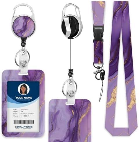 Pswunumo ID Badge Holder Marble Texture Badge Holder with Lanyard Purple and Gold Marble Badge Holder for Workplaces Events Schools