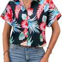 Short Sleeve Button Down Shirts for Women Summer Hawaiian Blouses Cap Sleeve Oversized Work Office Tops Solid/Floral, XL
