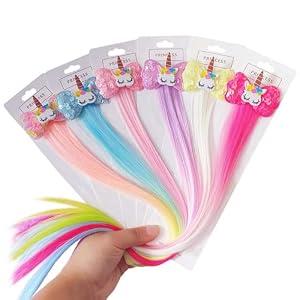 SVNMU 6pcs Colorful Unicorn Hair Extensions for Little Girls Ombre Color Hair Clips Kawaii Hair Accessories for Kids Birthday Gift, Princess Costume Dress Up, Party Favors(Unicorn-Clips)