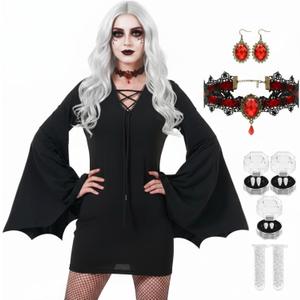 Mepase Halloween Vampire Costume for Women with Teeth Accessories Gothic Witch Dress Vampire Fangs and Necklace Earring (X-Large)
