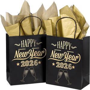 WRAPAHOLIC Medium Size Gift Bags - 12 Pack Happy New Year 2026 Black and Gold Foil Paper Bags for New Year Celebrating, Party - 8" x 4" x 10"