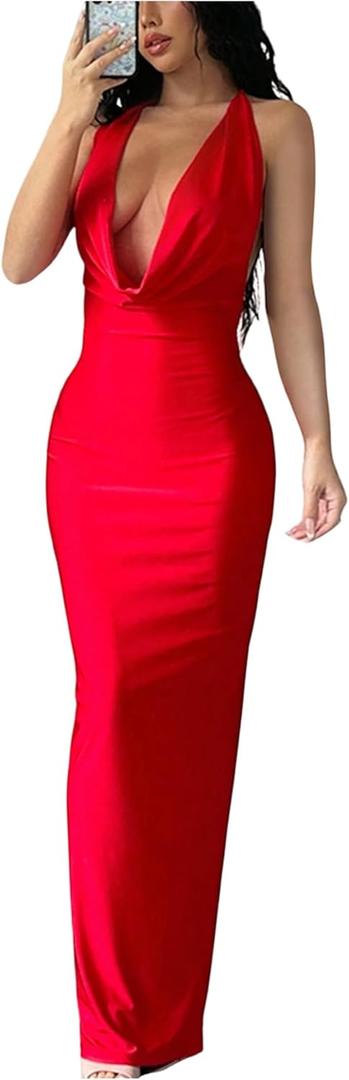 SOLY HUX Women's Tie Backless Halter Dress Cowl Neck Bodycon Maxi Cocktail Party Dresses (Large, Pure Red)