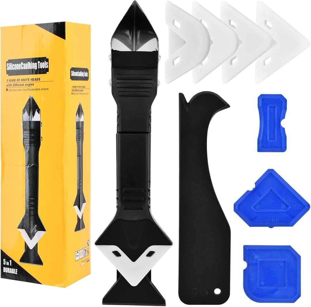 3 in 1 Silicone Caulking Tool Stainless Steelhead, 11Pcs Grout Removal Tools 5 Replacement Silicone Pads 3 Glass Glue Angle Scrapers, Caulk Remover for Kitchen Bathroom Window