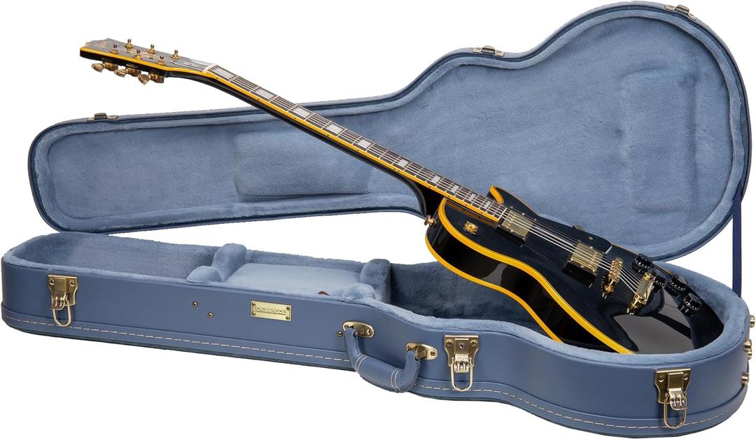 Crossrock Relief Series Les Paul Guitar Case for Single-Cut Electric Guitars | Carved Smoke Blue Finish, Monochrome Blue Velvet Interior, Lock  Premium Wooden Hardshell