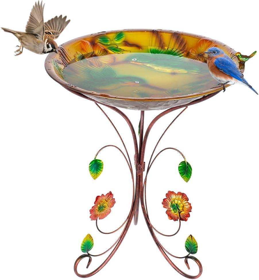 DREAMSOUL 20" Dia Large Bird Bath Stand, Bird Bath for Outside with Detachable Basin, Metal Birdbath with Colorful Hummingbird Pattern Garden Decor