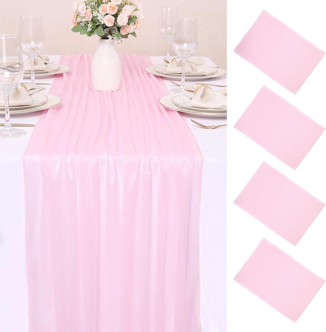 4 Pcs 10FT Blushing Pink Chiffon Table Runners 30x120 Inches Spring Boho Rustic Tulle Sheer Table Runner for Wedding Bridal Baby Shower Birthday Party Decorations