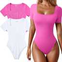 OQQ Women's 2 Piece Bodysuits Sexy Ribbed One Piece Square Neck Short Sleeve Bodysuits, Size: S