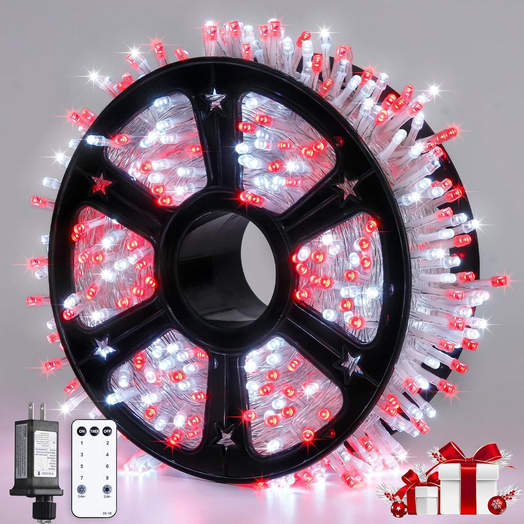 JMEXSUSS Red and White Christmas Tree Lights with Remote, 600 LED String Lights Outdoor Indoor Clear Wire, 168ft Christmas Twinkle Lights Plug in for Bedroom Tree Birthday Party Christmas Decorations