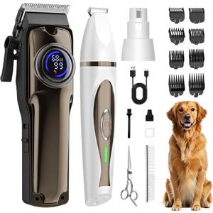 Dog Grooming Kit, Dog Clippers for Grooming Paw Trimmer Nail Grinder, Low Noise Rechargeable Cordless, Pet Shaver with Stainless Steel Blade for Pets Cats Animals