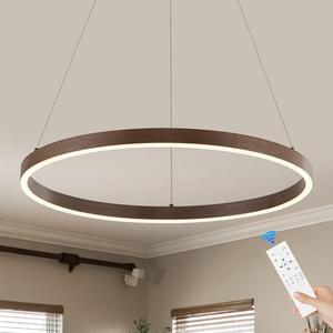 Benkut Modern LED Ring Chandelier Circular Pendant Light Fixture Dimmable Metal Walnut Color Round Hanging Light with Remote LED Chandelier for Dining Room Kitchen Island Living Room, D23.6in