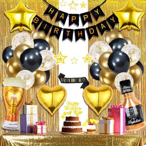 Birthday Party Decorations, Black Glod Foil Fringe Curtain, Happy Birthday Banner, Hanging Star, Metallic Tablecloth, Whisky Beer Heart Confetti Balloons, Sash for Men Husband