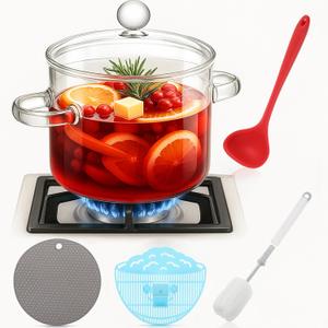 Glass Simmer Pot Cooking Set for Stove, 1.9L/64 oz Potpourri Cooking Saucepan with Cover Strainer Silicone Hot Pad Sponge Bottle Brush Silicone Ladle for Pasta, Soup, Milk (Clear)