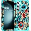 SleekCover for Galaxy S25 Plus 5G Case,3 in 1 Oil Painting Flower Pattern Heavy Duty Protection Silicone Rubber Bumper+Hard Plastic Protective Cover for Samsung Galaxy S25 Plus,Blue Flower