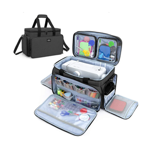 CURMIO Sewing Machine Carrying Case for Most Standard Sewing Machine, Universal Travel Tote Bag with 2 Removable Transparent Zipper Pouches for Sewing Supplies, Black (Patented Design)