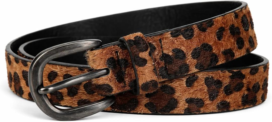 Leopard Print Belt for Women with Glossy Black Buckle, Faux Leather Skinny Waist Belt for Jeans Dress (Brown)
