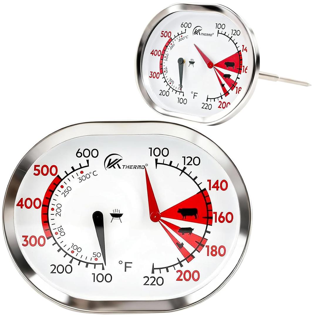KT THERMO Stainless Steel 2 Model BBQ & Oven Thermometer Dual Temperature Gauge 100-600°F for Meat Grilling & Baking, Waterproof, Easy-to-Read Dial (2 Model)