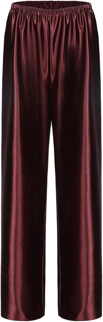 Women Satin Wide Leg Dress Pants Silk Casual Dressy Long Flowy Pants Elastic High Waisted Trousers (Medium, Dark Brown)