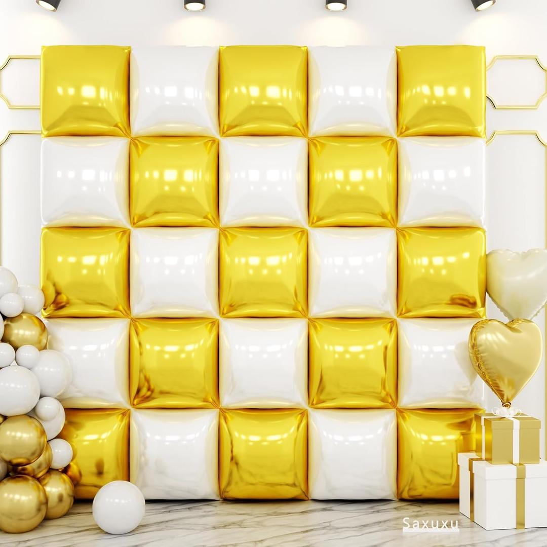 White and Gold Square Foil Balloon Wall,19 Inches Double Sided Square Balloons Tunnel Arch Kit for Boho Birthday,Baby Shower,Wedding,Anniversary Party Background Decorations