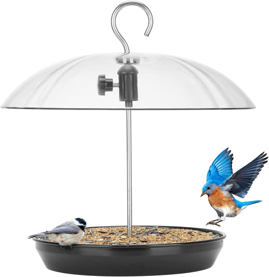 Kingsyard Adjustable Platform Bird Feeder for Outdoors, Hanging Metal Seed Tray with Clear Rain Proof Dome, Large Capacity for Wild Bluebird Cardinal Dove Mealworm, Black (Iron Grey)