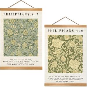 Inspirational Scripture Wall Art Poster,Christian Bible Verse Wall Poster with Solid Frame,Vintage Canvas Hanging Wall Art Decor for Bedroom, Living Room, and Office,Best Mother's day Gift for Mom Set of 2 (Philippians 4:6-4:7)
