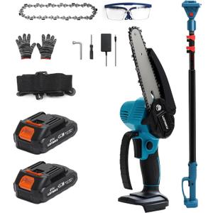 2-in-1 Cordless Pole Saw & Mini Chainsaw with 2 Batteries for Tree Trimming Blue