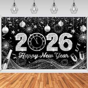 Mocsicka Happy New Year Backdrop Black Silver 2026 New Years Banner Fireworks Champagne for New Years Eve Party Supplies Photo Background (Black Silver, 6x3.6ft)