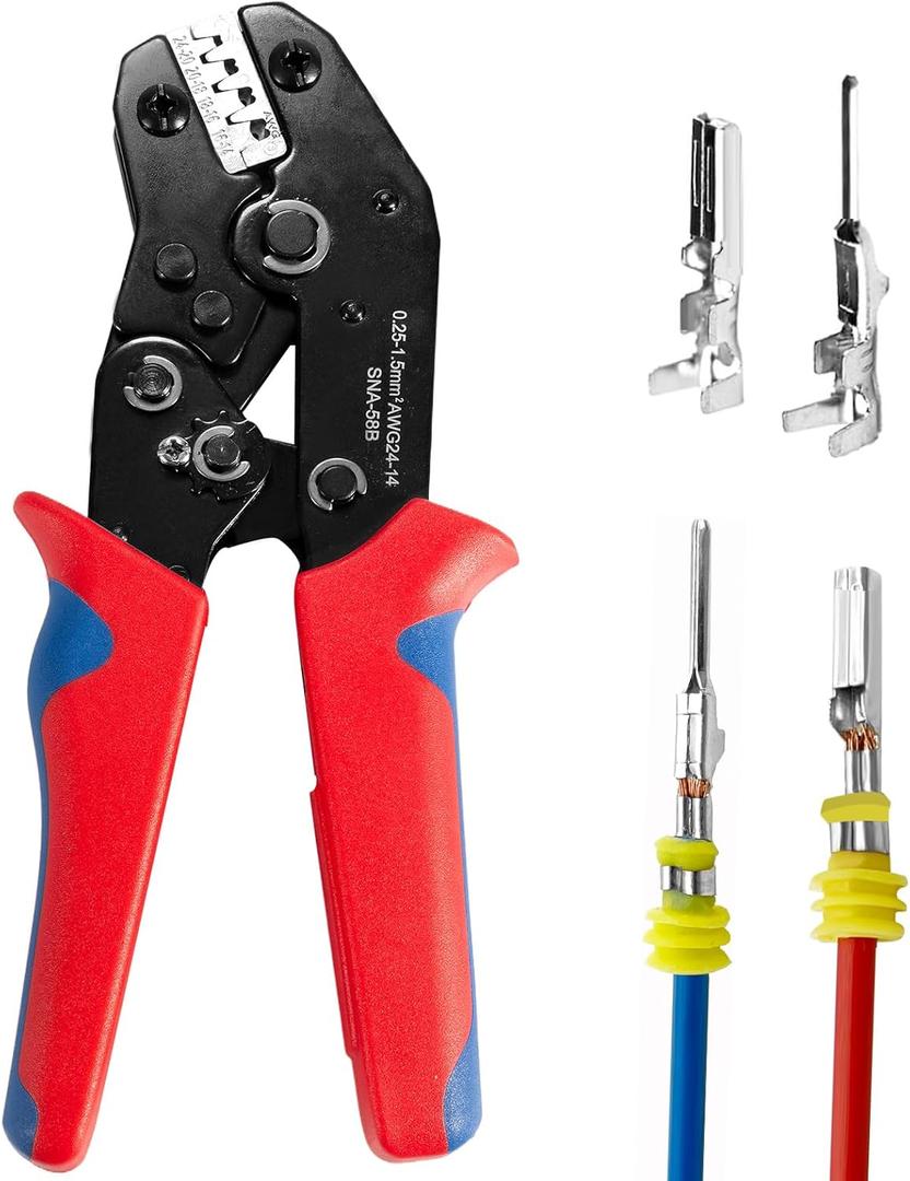 Wire Crimping Tool with Ratchet, Amliber Ratchet Wire Crimper Tool for Open Barrel Terminal Connectors, Electrical Crimping Tool for Deutsch DELPHI AMP Dupont TYCO Terminals, 24-14 AWG