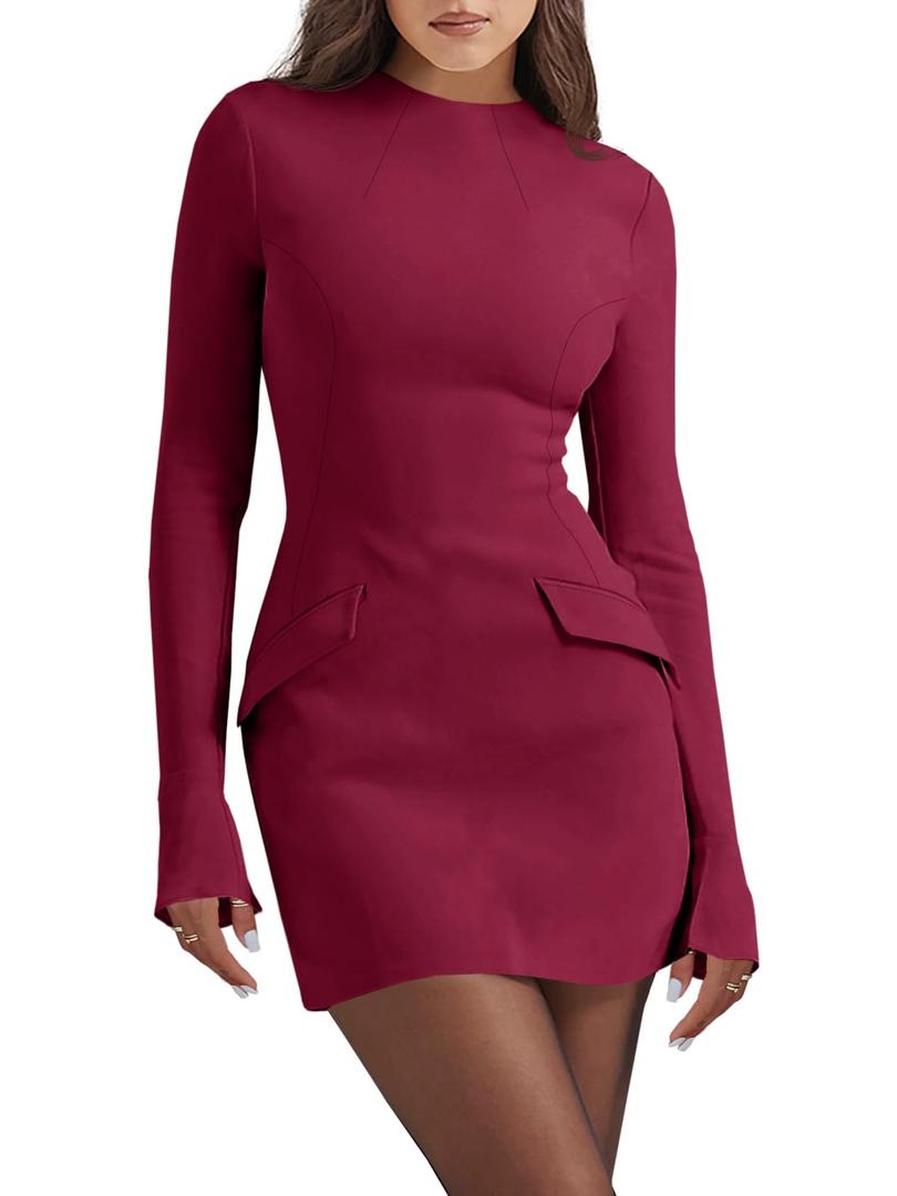 Cicy Bell Womens Long Sleeve Bodycon Dress Mock Neck Slim Fit Party Cocktail Fall Mini Blazer Dresses Burgundy