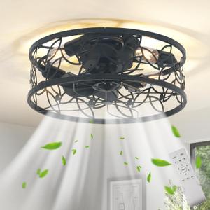 Garwarm 18in Caged Ceiling Fan with Light,Rustic Farmhouse Ceiling Fans with Lights and Remote,Bladeless Black Fandelier Ceiling Fan,Small Flush Mount Ceiling Fan for Kitchen, Bedroom6 Speed, Timing