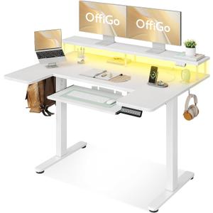 U Shaped Electric Standing Desk with Keyboard Tray, 48 Inch Height Adjustable Desk with Power Outlets & LED Lights, Sit Stand Table with Monitor Stand for Home, Office, White