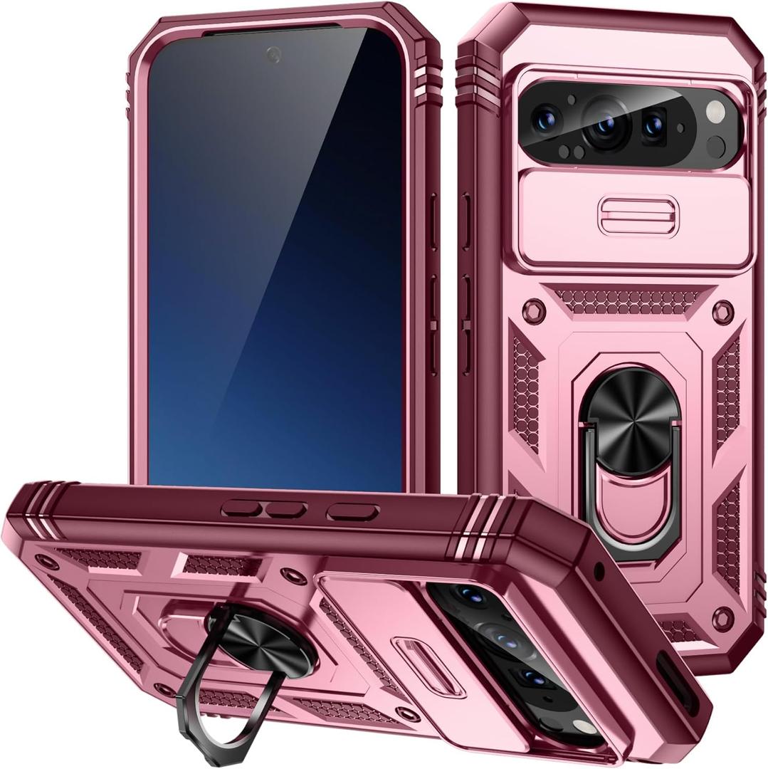 for Google Pixel 9/9 Pro Case Military Grade Drop Shock Protection Cell Phone Cover with Slide Camera Cover Built-in 360 Rotate Ring Stand for Google 9/9 Pro 6.3 -Pink red