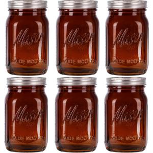 WELLIFE Amber Mason Jars, 6 Pack wide mouth mason jars for Pickling, Canning, Fermenting and Food Storage, Microwave Safe