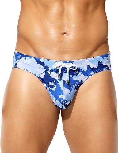 Arjen Kroos Men's Swim Briefs Sexy Bikini Swimwear Mens Funny Print Swimsuit Low Rise Swimming Briefs with Drawstring, Sharks, Large