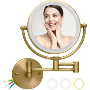 Wall Mounted Makeup Mirror with Light and Magnification, 7W Higher Brightness and Dimmable 1X/10X Double Sided Wall Magnified Mirror, Extending Vanity Mirror for Bathroom, Antique Brass Direct Wire