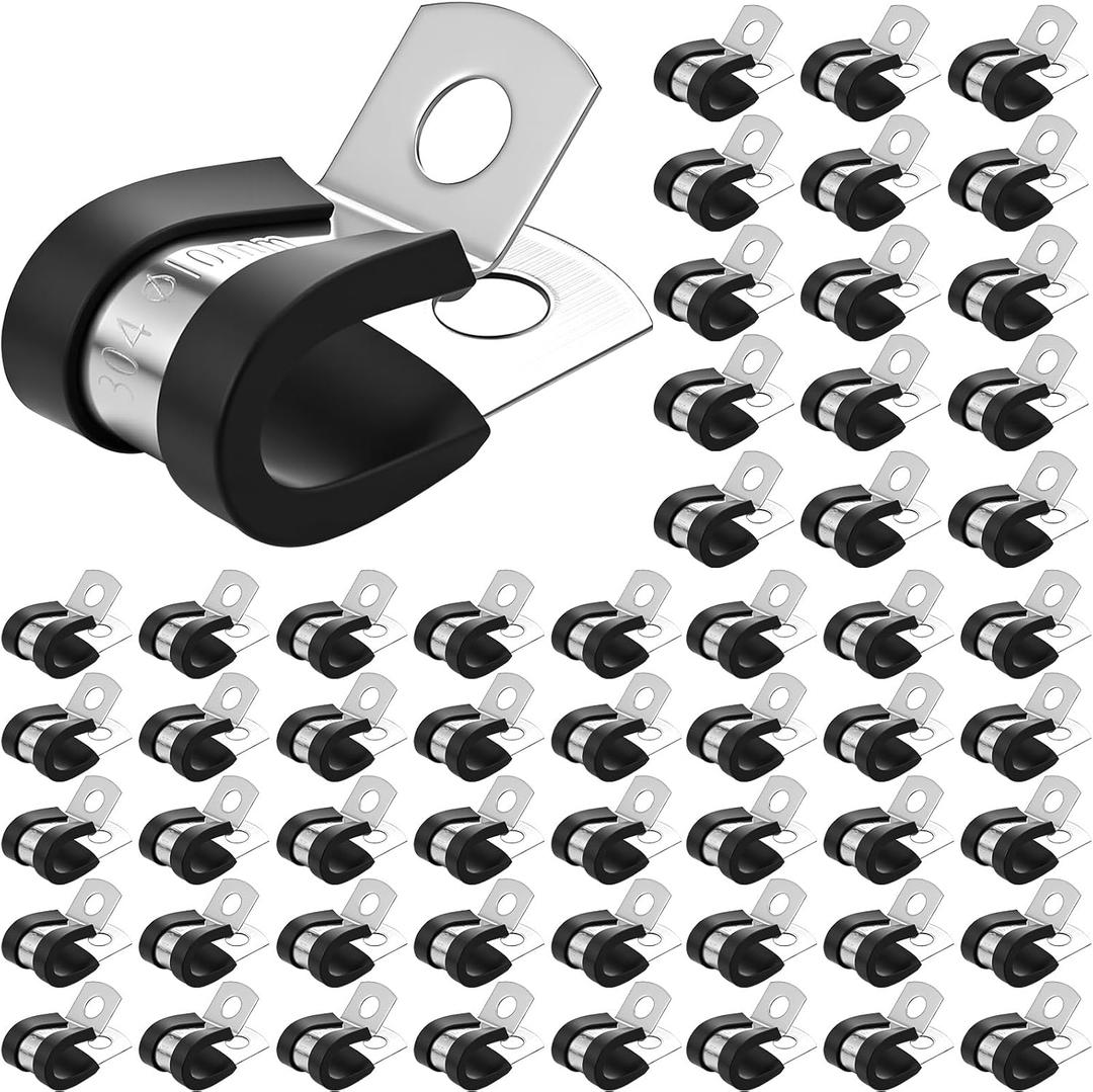 Shimeyao 200 Pcs 3/8 Inch Cable Stainless Steel Pipe Clamps Rubber Coated Cushioned Insulated Wire Clamp for Pipe Fuel Line Hose Cord Tube