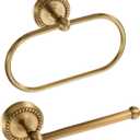 2 Pcs Antique Brass Toilet Paper Holder, Brass Towel Ring, Bathroom Wall Mount Vintage Gold Tissue Roll Holder & Hand Towel Ring, Exquisite Pattern Carving Bathroom Accessories